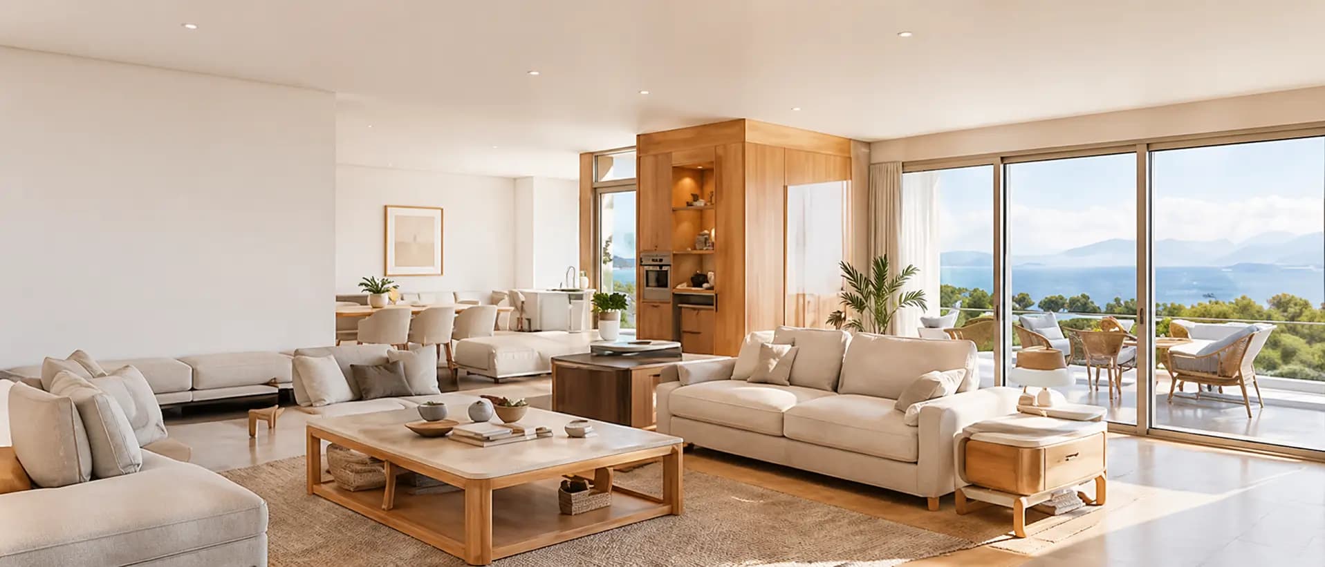 Intérieur lumineux d'une villa avec vue jardin